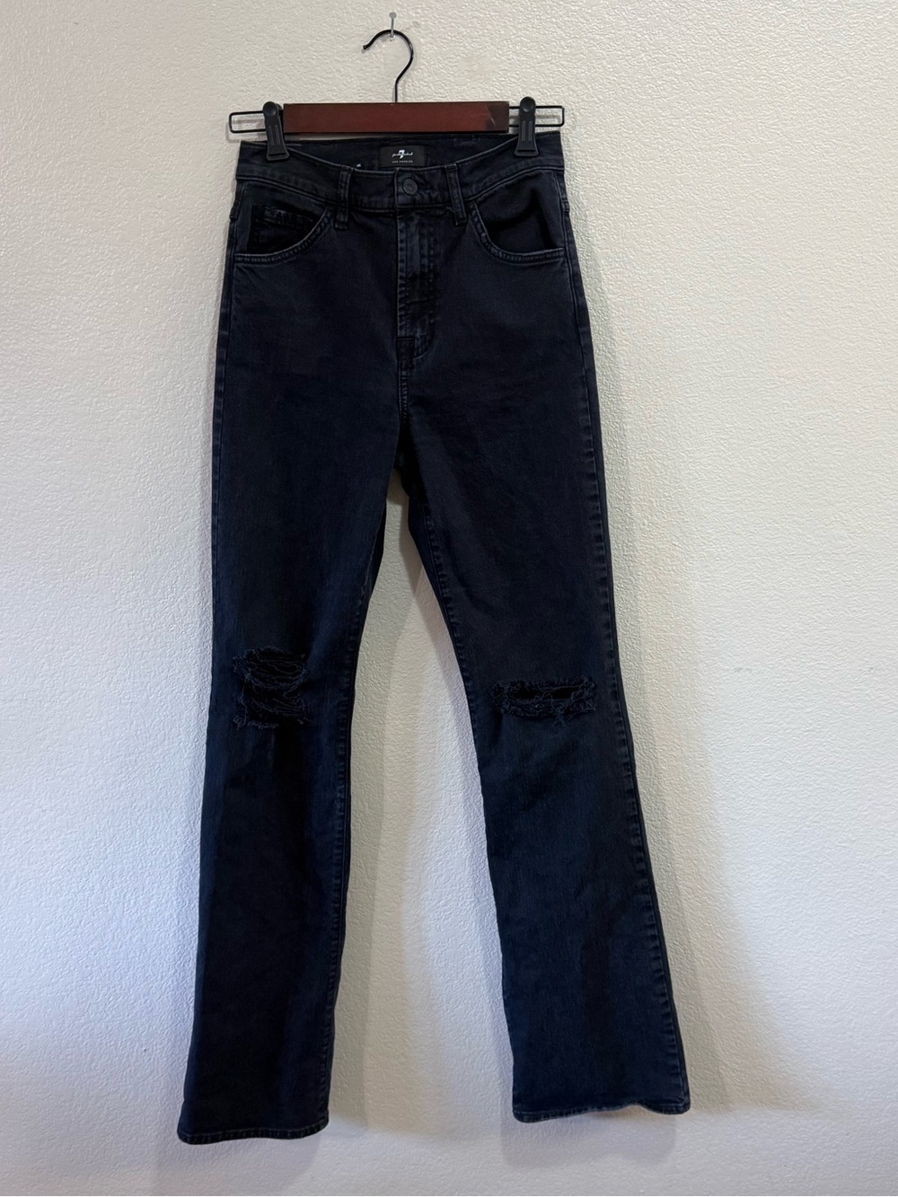 High-Rise 7 For All Mankind - Dark Tall Boot Jeans with Knee Distress 25x34